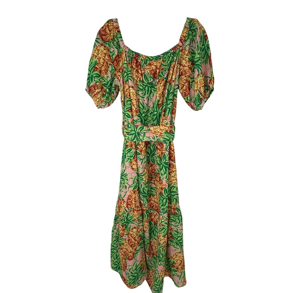Farm Rio Pineapple Garden Linen Dress Off Shoulder Puff Sleeve Midi M Tropical - Picture 3 of 9